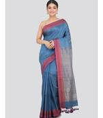 blue Women s blue hand woven handloom sarees With Blouse
