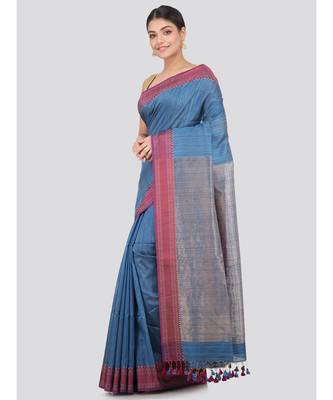 blue Women s blue hand woven handloom sarees With Blouse 2
