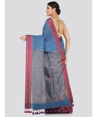 blue Women s blue hand woven handloom sarees With Blouse 3