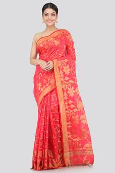 pink Women s pink hand woven cotton silk sarees With Blouse