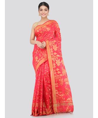 pink Women s pink hand woven cotton silk sarees With Blouse 1
