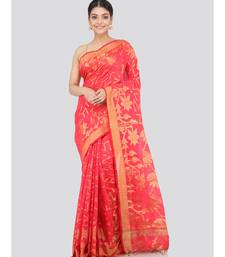 pink Women s pink hand woven cotton silk sarees With Blouse