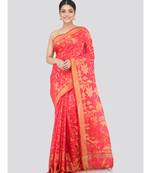 pink Women s pink hand woven cotton silk sarees With Blouse