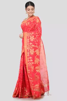 pink Women s pink hand woven cotton silk sarees With Blouse