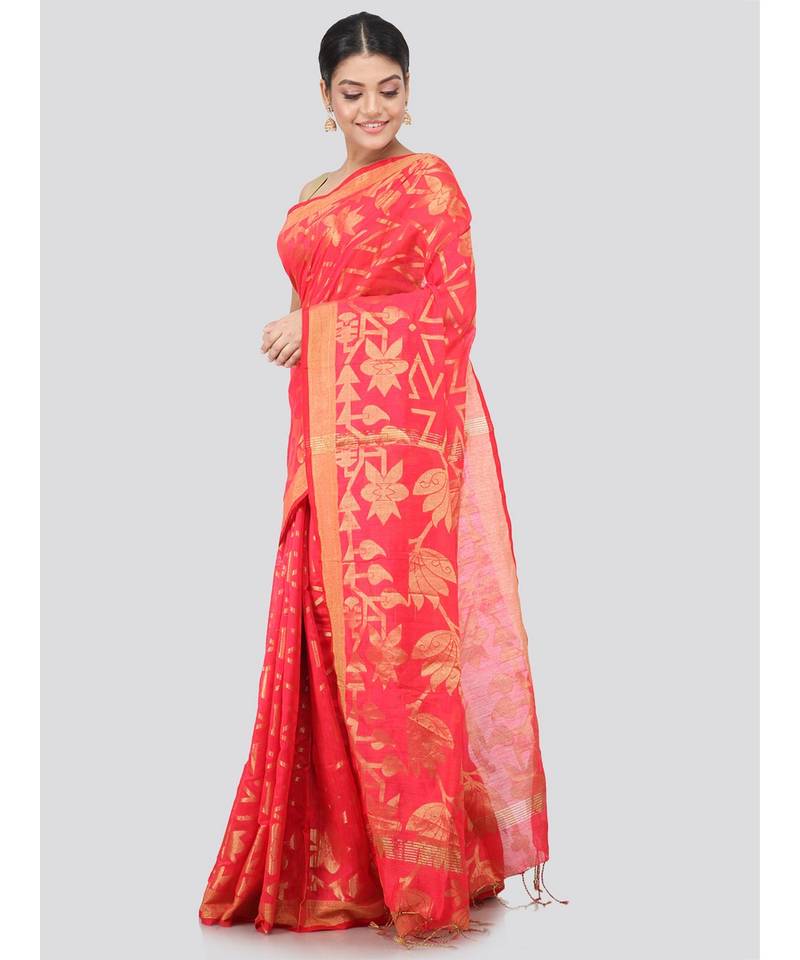 pink Women s pink hand woven cotton silk sarees With Blouse