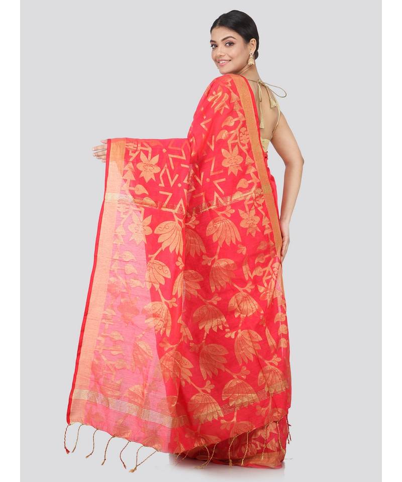 pink Women s pink hand woven cotton silk sarees With Blouse