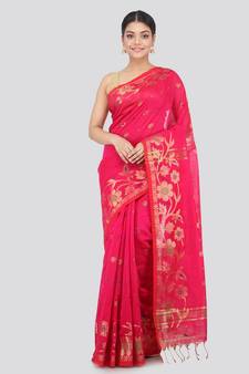 pink Women s pink hand woven cotton silk sarees With Blouse
