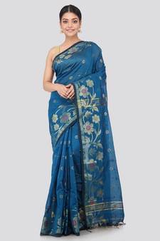 blue Women s blue hand woven cotton silk sarees With Blouse