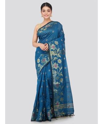 blue Women s blue hand woven cotton silk sarees With Blouse 1