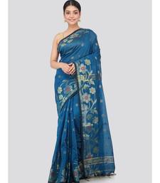 blue Women s blue hand woven cotton silk sarees With Blouse