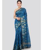 blue Women s blue hand woven cotton silk sarees With Blouse