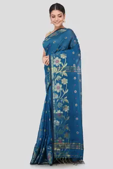 blue Women s blue hand woven cotton silk sarees With Blouse