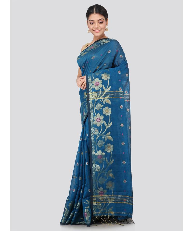 blue Women s blue hand woven cotton silk sarees With Blouse