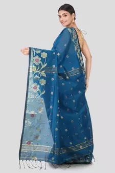 blue Women s blue hand woven cotton silk sarees With Blouse
