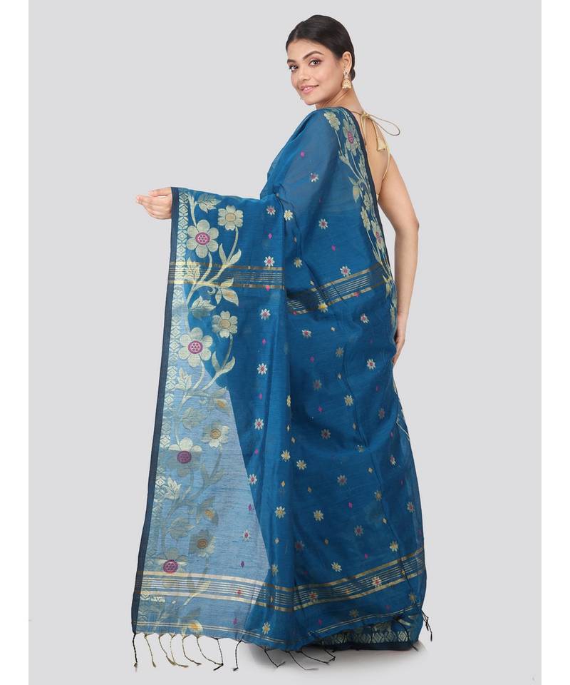 blue Women s blue hand woven cotton silk sarees With Blouse