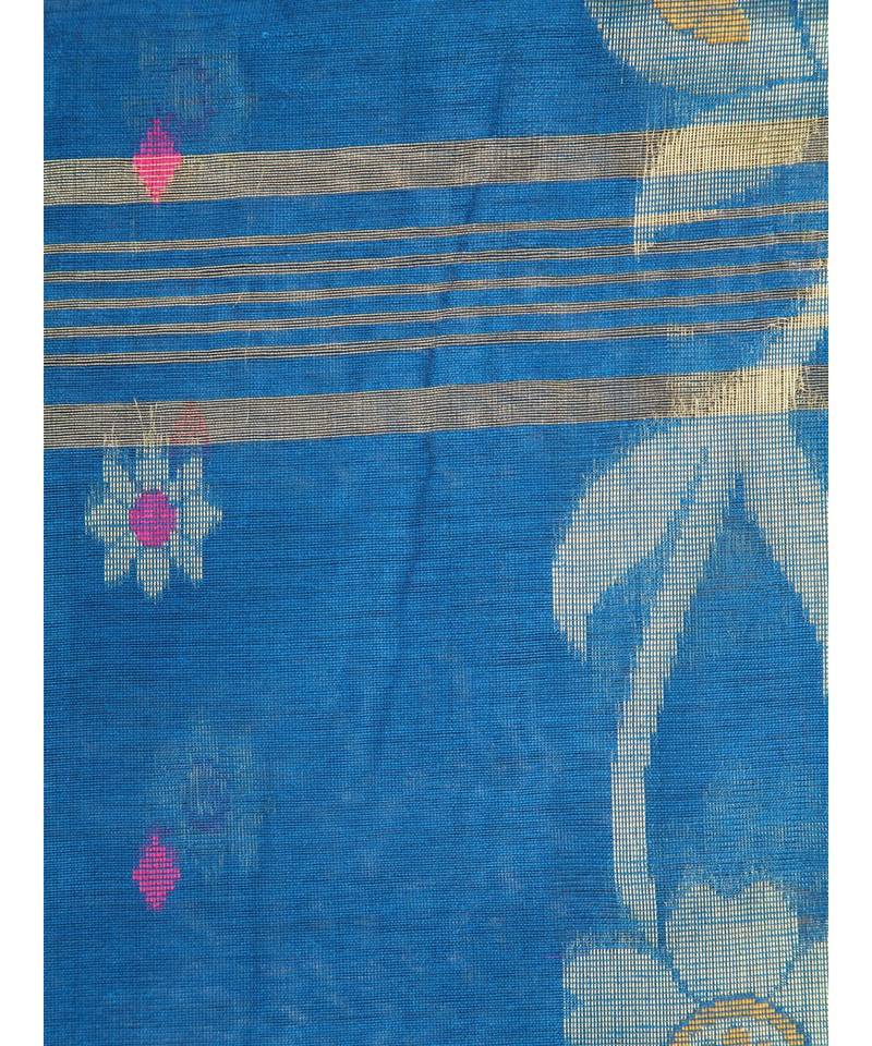 blue Women s blue hand woven cotton silk sarees With Blouse
