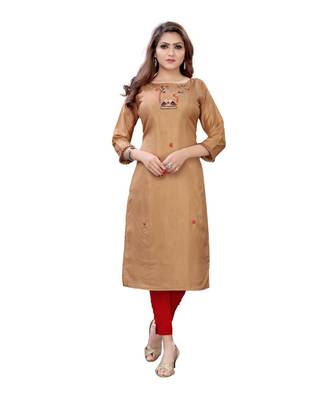 Brown Muslin Silk  quarter Sleeves Hand Work Womens Kurta 1