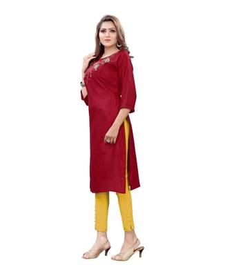 Maroon Muslin Silk  quarter Sleeves Hand Work Womens Kurta 3