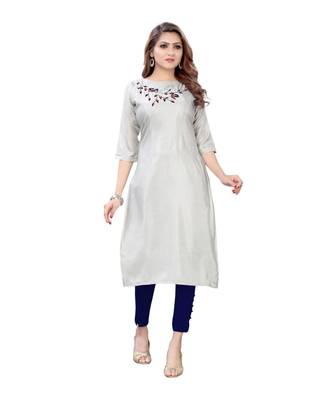 Silver Muslin Silk  quarter Sleeves Hand Work Womens Kurta 1