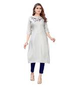 Silver Muslin Silk  quarter Sleeves Hand Work Womens Kurta
