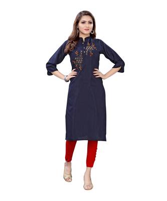 Navy Blue Muslin Silk  quarter Sleeves Hand Work Womens Kurta 1