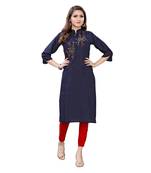 Navy Blue Muslin Silk  quarter Sleeves Hand Work Womens Kurta