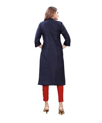 Navy Blue Muslin Silk  quarter Sleeves Hand Work Womens Kurta 2