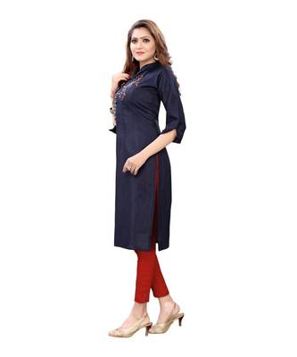 Navy Blue Muslin Silk  quarter Sleeves Hand Work Womens Kurta 3