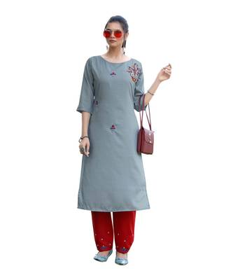 Grey Muslin Silk  quarter Sleeves Hand Work Womens Kurti with bottoms 1