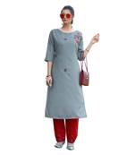 Grey Muslin Silk  quarter Sleeves Hand Work Womens Kurti with bottoms