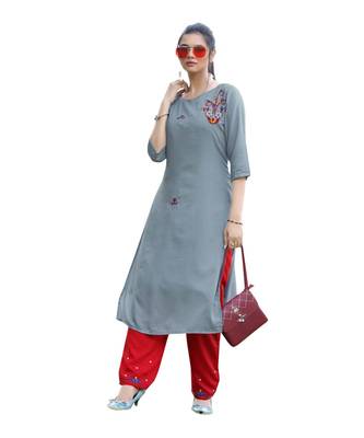 Grey Muslin Silk  quarter Sleeves Hand Work Womens Kurti with bottoms 3