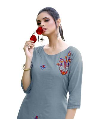 Grey Muslin Silk  quarter Sleeves Hand Work Womens Kurti with bottoms 4