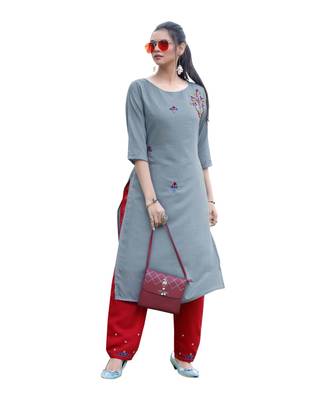 Grey Muslin Silk  quarter Sleeves Hand Work Womens Kurti with bottoms 5
