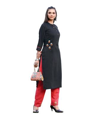 Black Muslin Silk  quarter Sleeves Hand Work Womens Kurti with bottoms 3