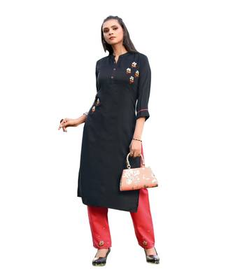 Black Muslin Silk  quarter Sleeves Hand Work Womens Kurti with bottoms 5