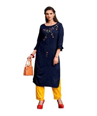 Navy Blue Muslin Silk  quarter Sleeves Hand Work Womens Kurti with bottoms 1