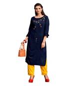 Navy Blue Muslin Silk  quarter Sleeves Hand Work Womens Kurti with bottoms