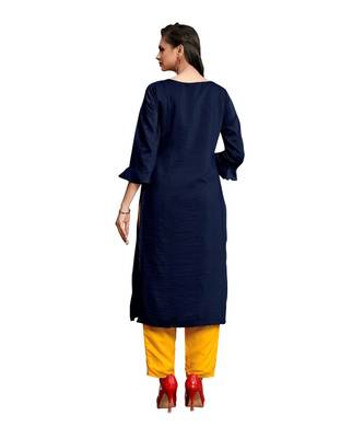 Navy Blue Muslin Silk  quarter Sleeves Hand Work Womens Kurti with bottoms 2