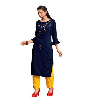 Navy Blue Muslin Silk  quarter Sleeves Hand Work Womens Kurti with bottoms 3