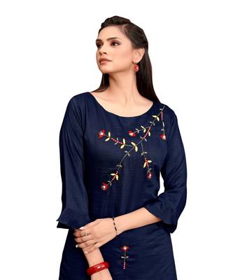 Navy Blue Muslin Silk  quarter Sleeves Hand Work Womens Kurti with bottoms 4