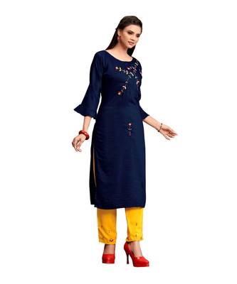 Navy Blue Muslin Silk  quarter Sleeves Hand Work Womens Kurti with bottoms 5
