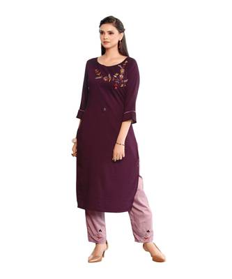 Maroon Muslin Silk  quarter Sleeves Hand Work Womens Kurti with bottoms 1