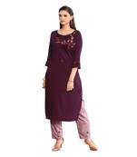 Maroon Muslin Silk  quarter Sleeves Hand Work Womens Kurti with bottoms