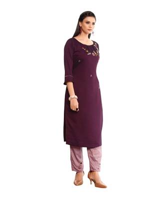 Maroon Muslin Silk  quarter Sleeves Hand Work Womens Kurti with bottoms 3