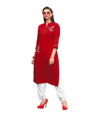 Red Muslin Silk  quarter Sleeves Hand Work Womens Kurti with bottoms 1