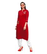 Red Muslin Silk  quarter Sleeves Hand Work Womens Kurti with bottoms