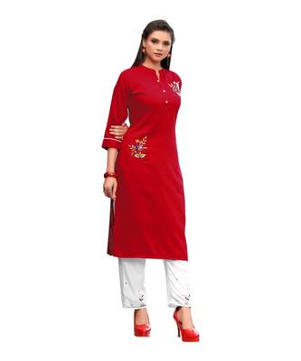 Red Muslin Silk  quarter Sleeves Hand Work Womens Kurti with bottoms 3