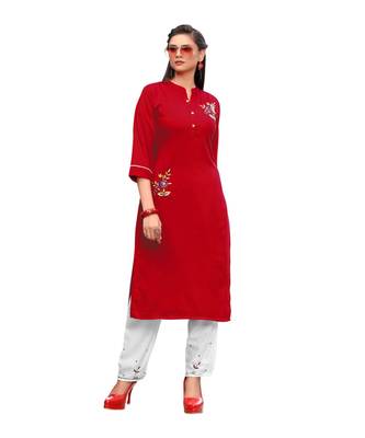 Red Muslin Silk  quarter Sleeves Hand Work Womens Kurti with bottoms 4