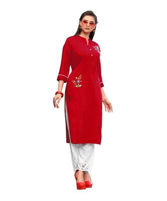 Red Muslin Silk  quarter Sleeves Hand Work Womens Kurti with bottoms 5