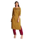 Brown Muslin Silk  quarter Sleeves Hand Work Womens Kurti with bottoms
